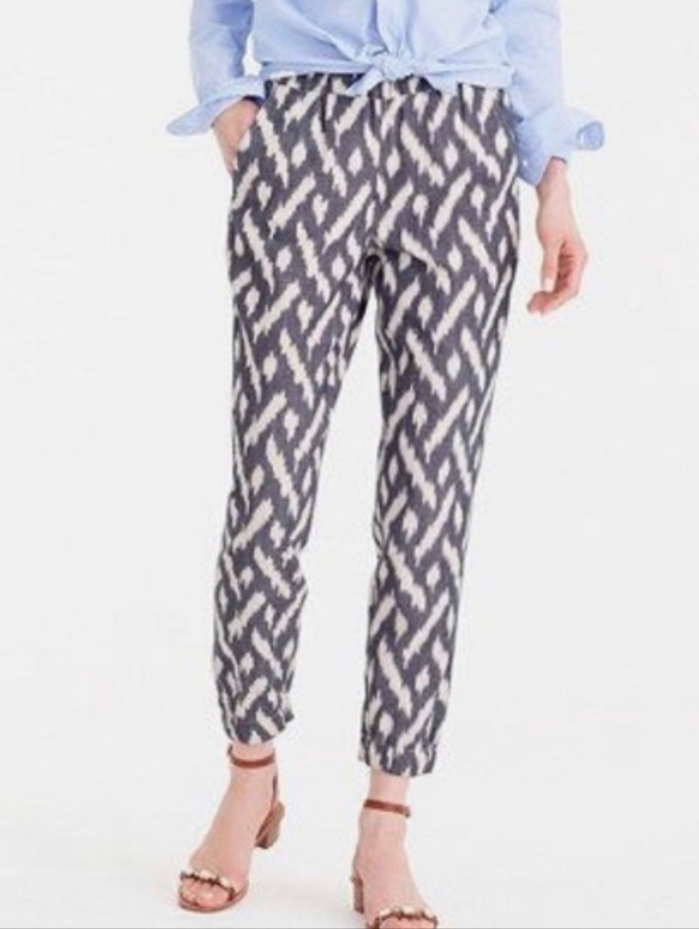 J. Crew Ikat Pants Gray & White Patterned Ankle Length Elastic Waist Sz 4